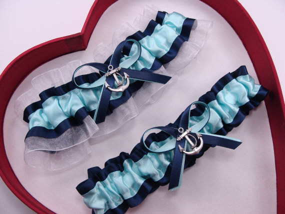 Hochzeit - New SALE Nautical Wedding Anchor Garter Set Navy Blue Aqua White Sailor Wedding Garter set