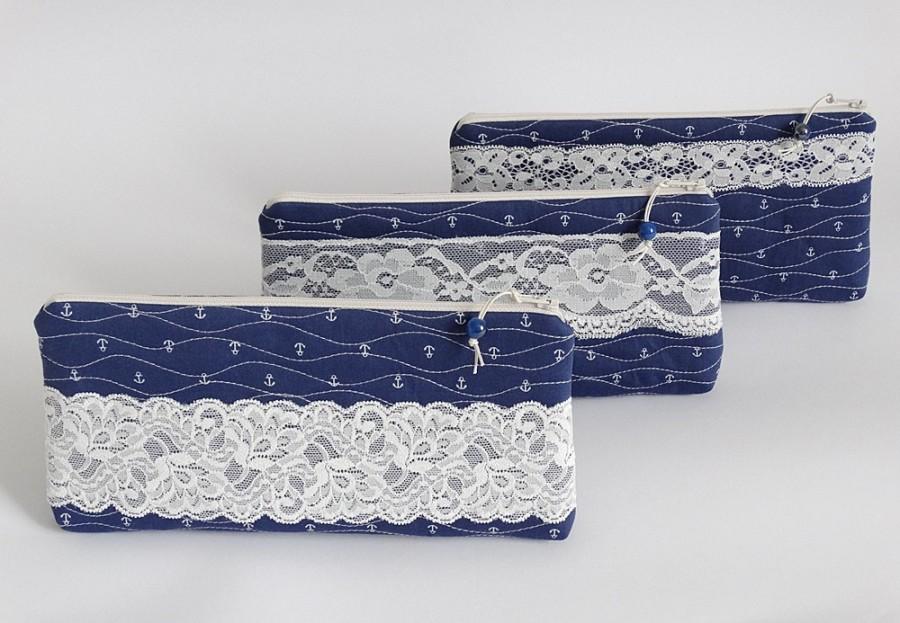Mariage - Nautical Clutch Bridesmaids Gift Set of 3, Anchor and Lace Custom Choice Trio Bags, Will You Be My Bridesmaid Purses