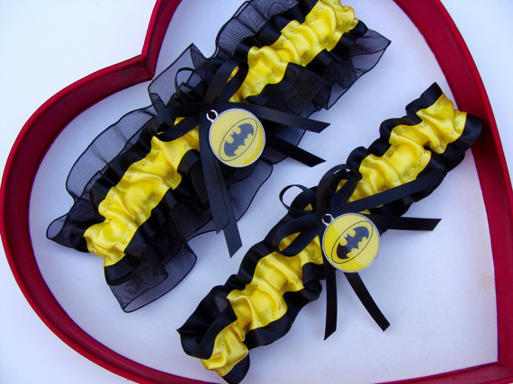 Hochzeit - New Handmade Batman Wedding Garters Black Yellow Garter Prom Homecoming Dance Superhero Wedding Garter Set