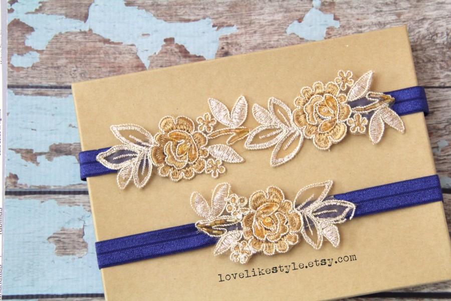 Wedding - Light Gold and Tan Embroidery Flower Lace with Navy Elastic Wedding Garter Set, Tan Garter Set, Toss Garter ,Wedding Garter Belt/ GT-34