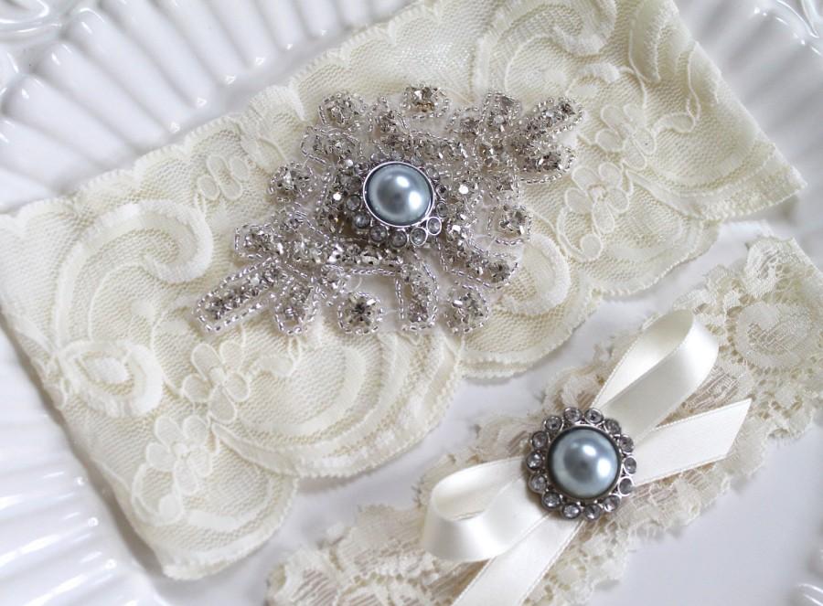Wedding - Bridal rhinestone applique heirloom garter set. Cream/ Ivory stretch lace Something Blue Pearl wedding garter. ELOISE