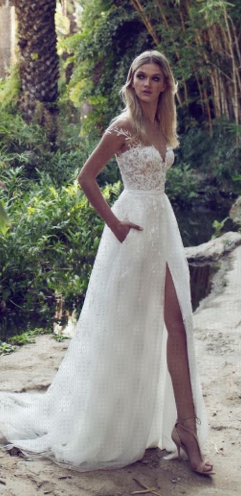Mariage - Embellished Off-the-Shoulder Slit Tulle Skirt Wedding Dress