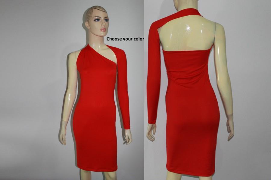 Wedding - Valentines backless dress One shoulder sexy red bodycon with long sleeve