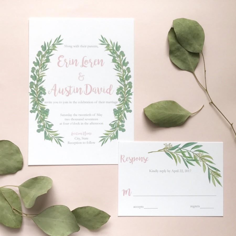زفاف - Floral wreath, eucalyptus greenery, laurel greenery custom Wedding invitation sample (printed)