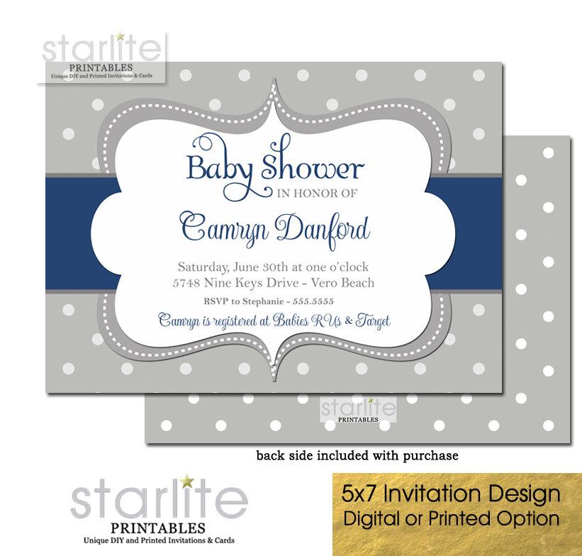 Hochzeit - Navy Blue and Grey Baby Shower Invitation Boy Polka Dots Printable 