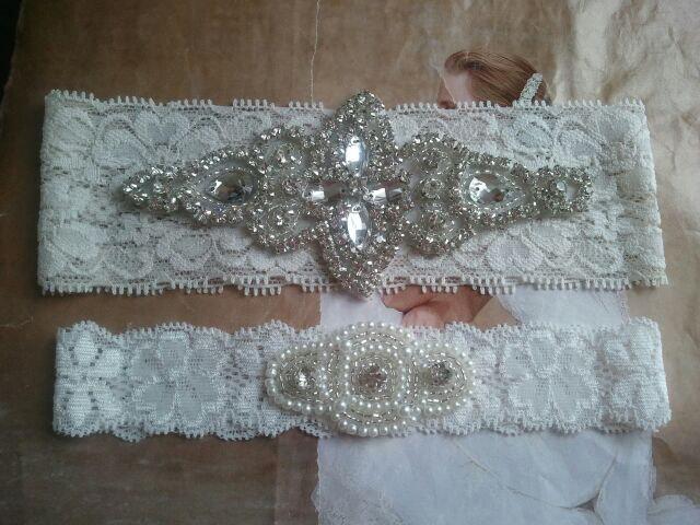 Hochzeit - SALE - Wedding Garter Set - Pearl and Rhinestone Garter Set on a Ivory Lace Garter Set  - Style G20078