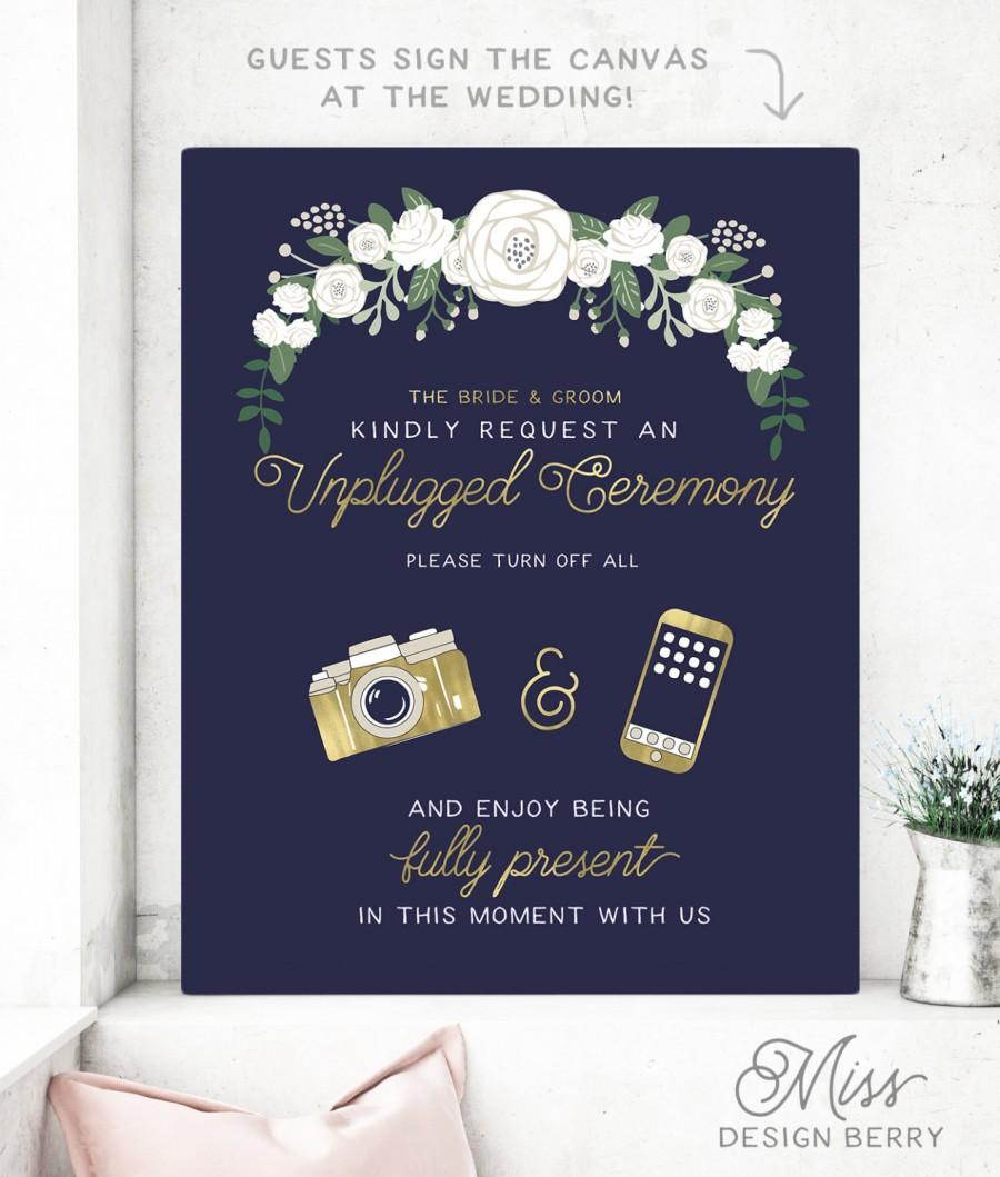 Hochzeit - Unplugged Wedding Sign Navy and Gold- Unplugged ceremony sign -No phones or cameras please -  Navy and Gold wedding sign  - CANVAS