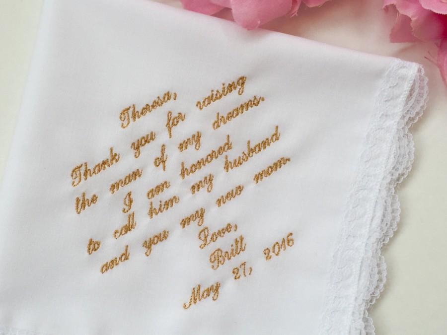 Mariage - Mother of the Groom Gift-Embroidered-Customized- Wedding Handkerchief Mother In-Law -Free Wedding Hanky Gift Box