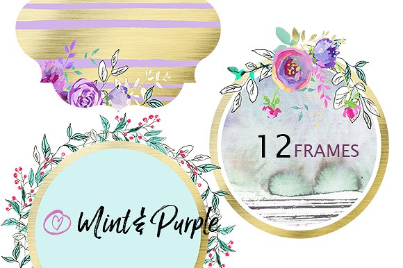 Mariage - Mint and Purple - floral frames