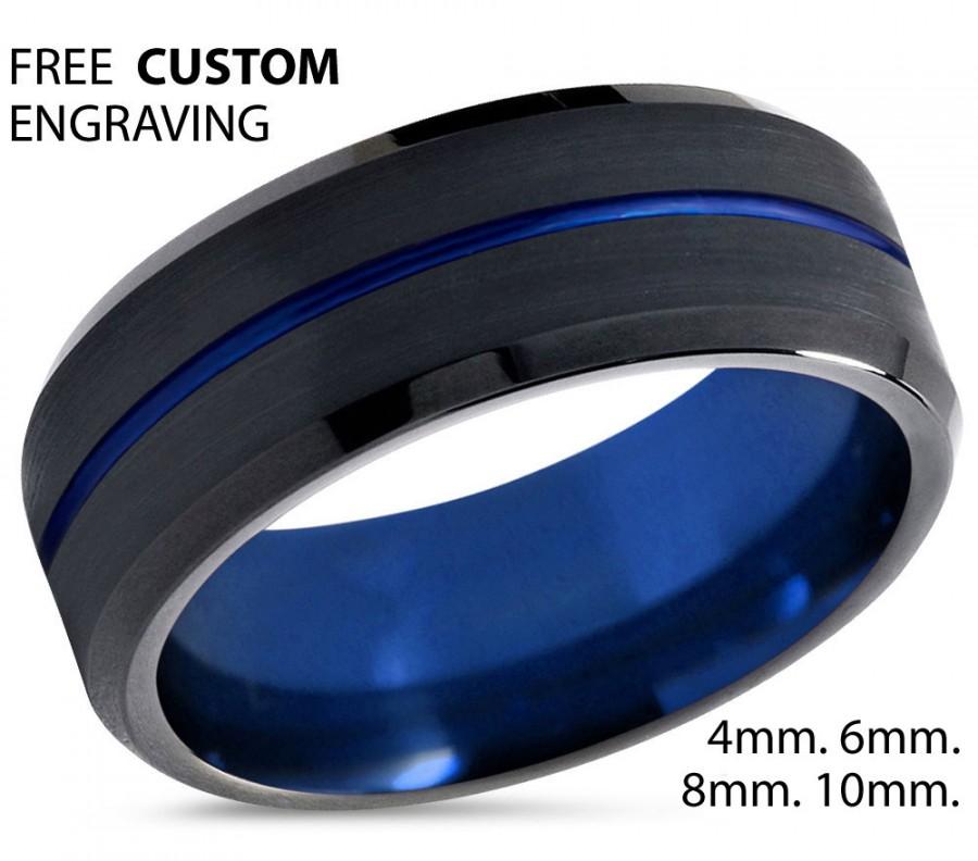 Hochzeit - Tungsten Ring Mens Blue Black Wedding Band Tungsten Ring Tungsten Carbide 8mm Tungsten Man Wedding Male Women Anniversary Matching