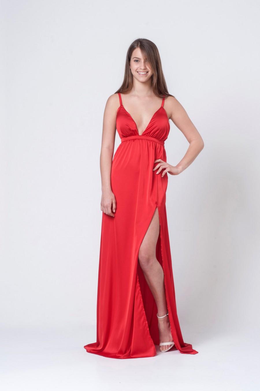 Mariage - Red satin bridesmaid dress - open back maxi dress - Deep front opening dress - spaghetti red dress