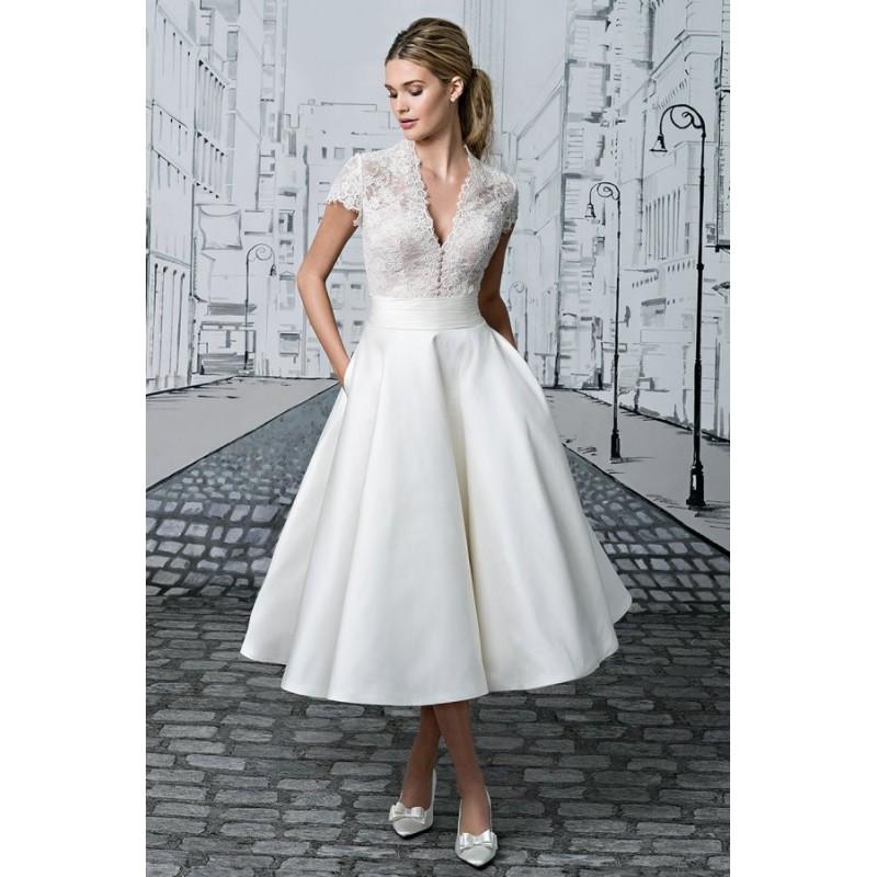 Wedding - Style 8881 by Justin Alexander - Short sleeve V-neck Ballgown LaceSilk Tea-length Dress - 2017 Unique Wedding Shop