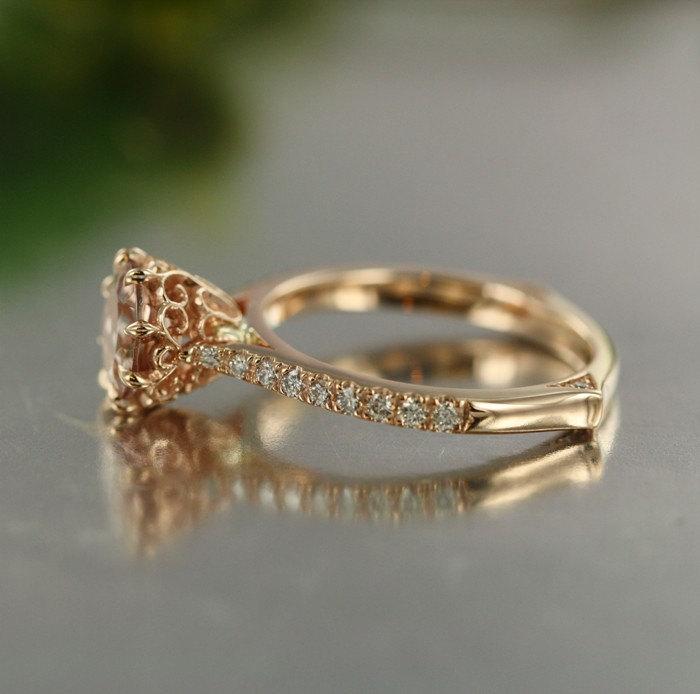Wedding - Modified Design-7 MM Round Morganite and VS Diamond in 14K Rose Gold Morganite Engagement Ring Euro Style Ring Shank