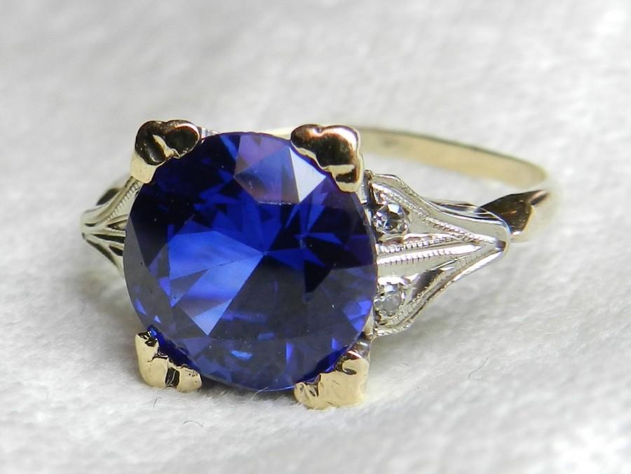 Hochzeit - Sapphire Ring Art Deco Ring Sapphire Engagement Ring 14K Diamond 2.5 Ct Sapphire Ring 14K Gold Ring Sapphire Diamond Ring