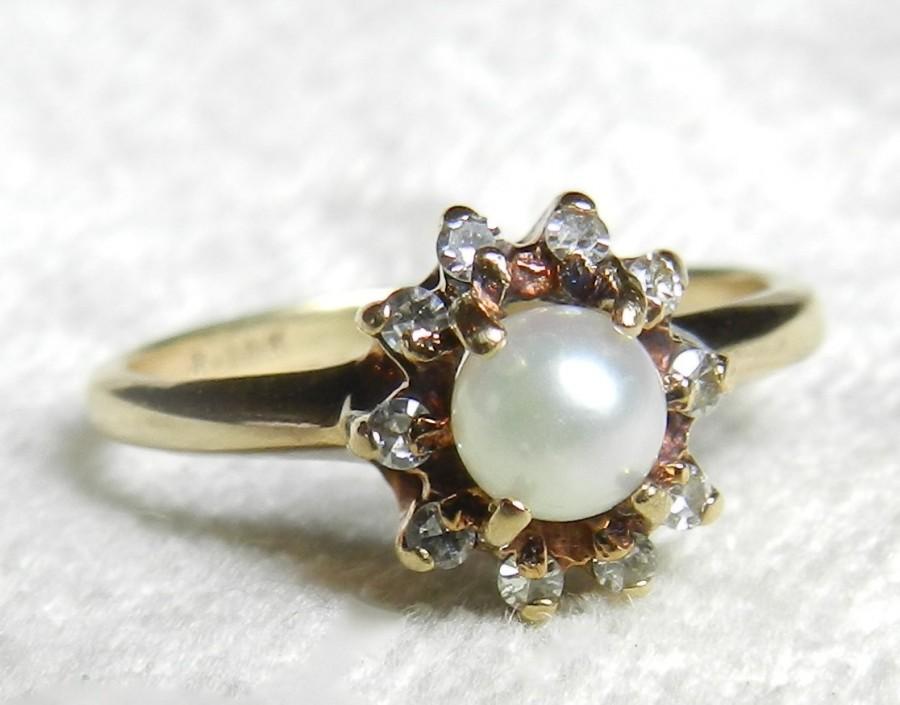Hochzeit - Pearl Ring Diamond Halo Pearl Ring Pearl Engagement Vintage 10K Gold 4 mm Cultured Pearl Diamond Halo Ring June Birthday Art Deco Pearl Ring