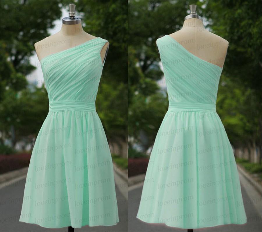 Свадьба - Mint Green Bridesmaid Dress,Short Mint One Shoulder Bridesmaid Gowns,2016 New Mint Green Handmade Chiffon Knee Length Bridesmaid Dress