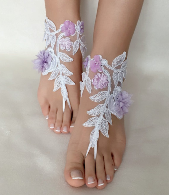 Hochzeit - White lilac flowers lace barefoot sandals, FREE SHIP, beach wedding barefoot sandals, lace shoes, wedding shoe, bridesmaid gift, beach