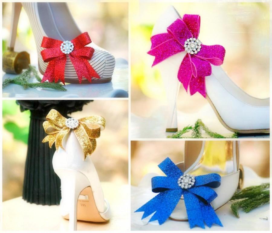 Hochzeit - Bow Shoe Clips Sparkly & Metallic Fuschia Fuchsia / Golden Gold / Red / Royal Aqua Blue. Fashion Couture, Rhinestone Glitter Glittery Ribbon