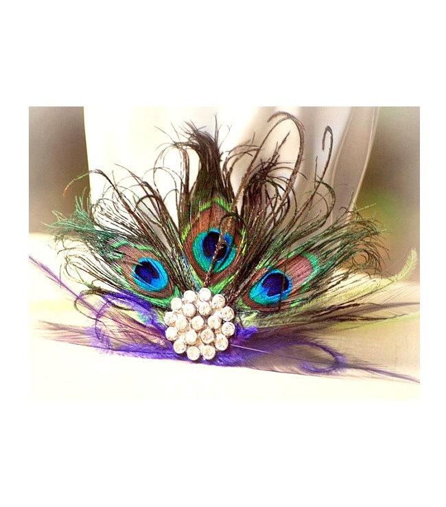 Mariage - Peacock Fan Fascinator Purple Lime Green & Rhinestone. Couture Bride Bridal Bridesmaid, Birthday Coque Feather, Silver Teal Metallic Fashion