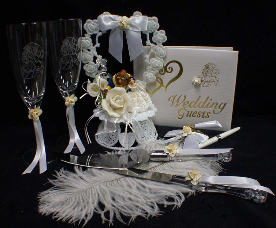 Wedding - Disney Beauty and the Beast Wedding Cake Topper lot Glasses, knife, server, guest book, pen, holder, garter