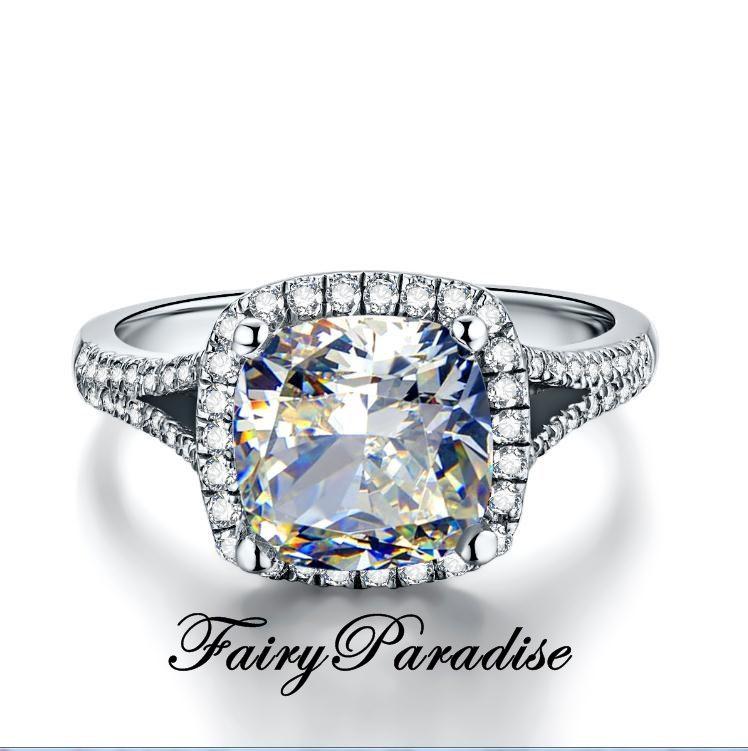زفاف - 3 Ct Cushion Cut Halo Engagement Ring, Sterling Silver, Man Made Diamond, Promise Rings set in Split Shank, Free Gift Box (Fairy Paradise)