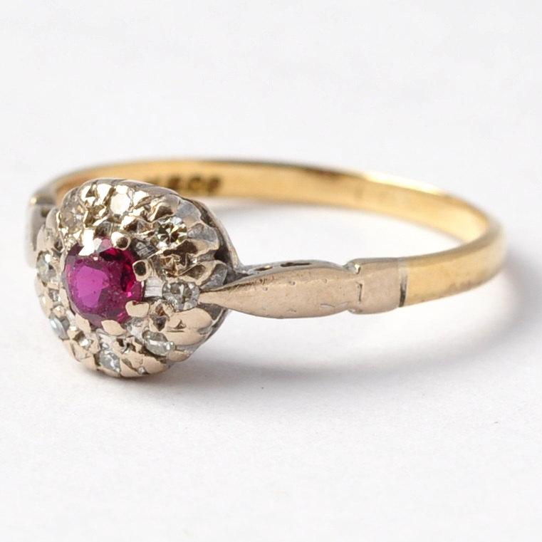 Wedding - Ruby Rings: Antique Diamond Halo, 18K Gold & Platinum, Size 5.5 / 5.75