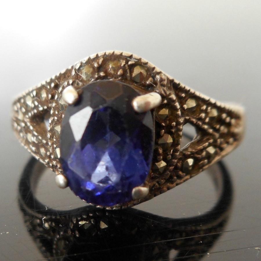 زفاف - Vintage Sterling Silver Art Deco Ring with Blue Sapphire and Marcasites Cocktail Ring Antique Sterling Ring