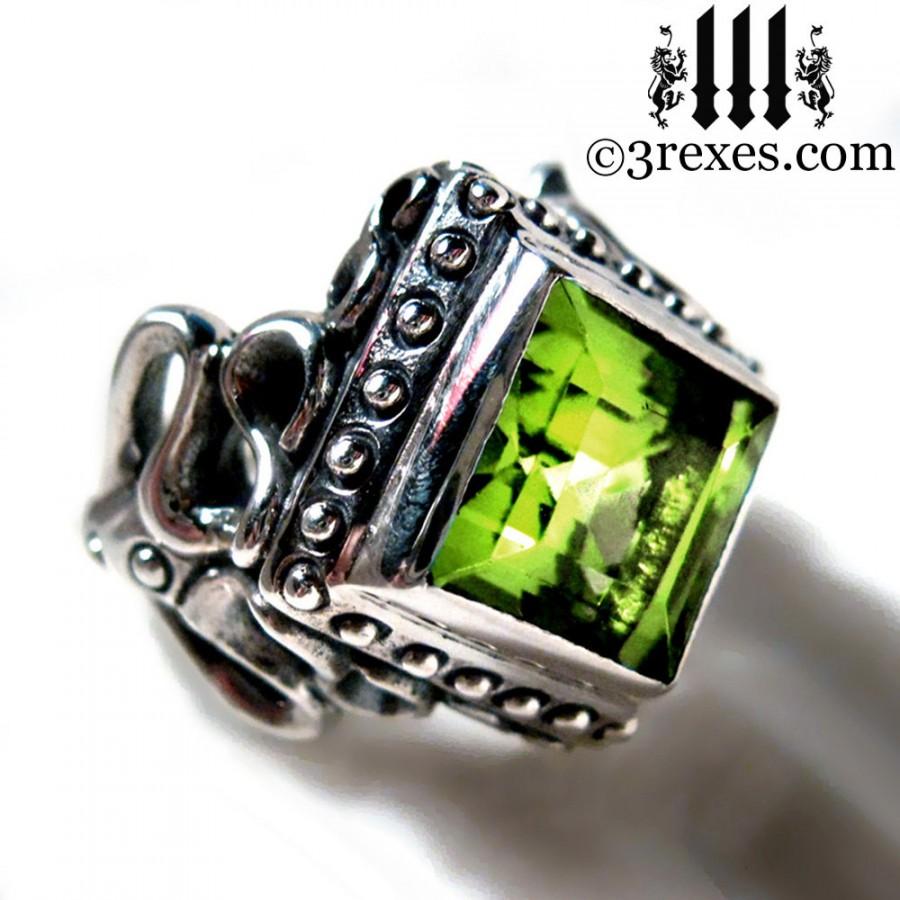 Свадьба - Silver Wedding Ring Victorian Gothic Engagement Band Green Peridot Cocktail Ring Raven Love Size 6