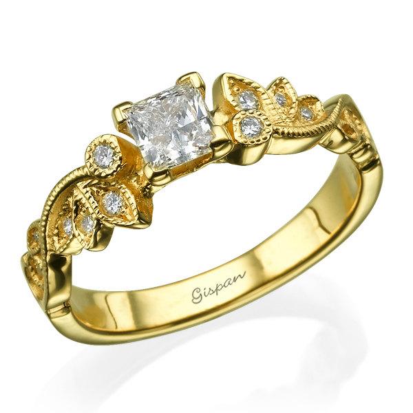 Hochzeit - Princess Engagement Ring, Leaves Ring, Yellow Gold Ring, Diamond Ring, Art Deco Ring, Antique Ring, Bridal Jewelry, Unique Engagement Ring