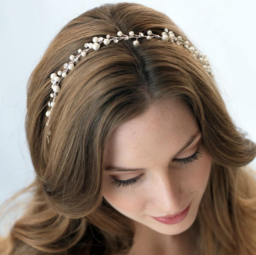 زفاف - Bridal Pearl Hair Vine, Pearl Wedding Headpiece, Rhinestone & Pearl Hair Vine, Pearl Bridal Headpiece, Bride Headband ~TI-3200