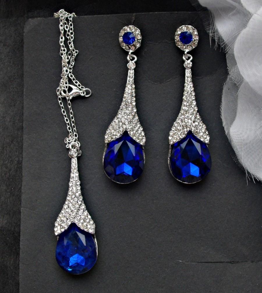 Wedding - Bridal blue jewelry set, cobalt blue earrings, blue pendant necklace, cobalt blue necklace, blue chandelier earrings, bridal drop necklace