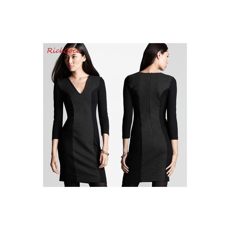 زفاف - Contrast color stitching step dress v neck long cropped sleeves dress - Bonny YZOZO Boutique Store