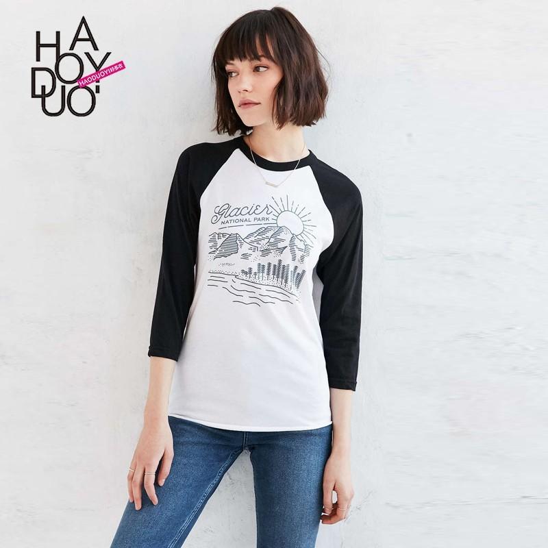 Wedding - Summer 2017 new stylish contrast color in black and white landscape print slim woman t shirt - Bonny YZOZO Boutique Store