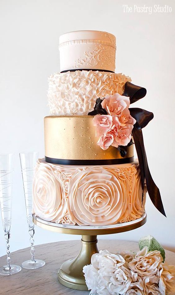 Wedding - Three Tier Pink And Gold Wedding Cake