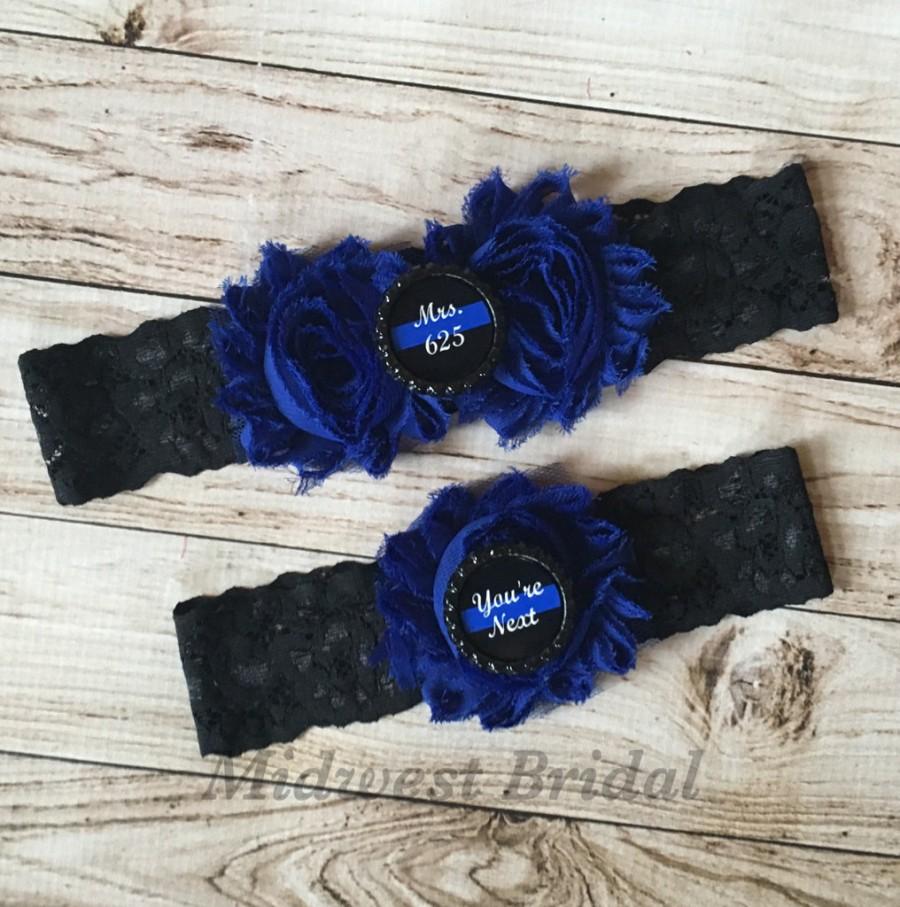 Hochzeit - Police Officer's Wife Custom Badge number  Black Lace Wedding Garter Police Sheriff Thin Blue Line
