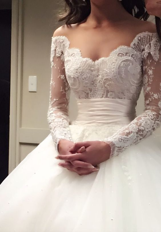 Hochzeit - Unique Off-the-Shoulder Empire Waist Ballgown Wedding Dress