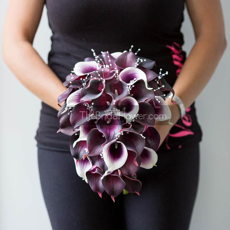 Wedding - Calla lily bouquet, cascading bridal bouquet, plum wedding bouquet, real touch calla lilies, cascading wedding bouquets, eggplant purple