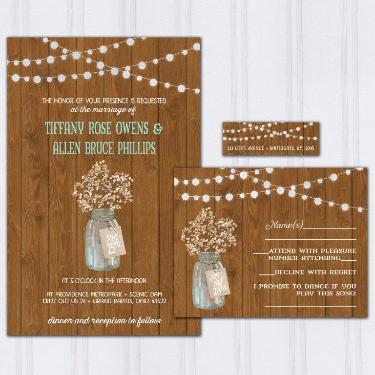 Свадьба - Babys Breath Wedding Invitations, Dark Barnwood Invite Set, String Light Wedding Invitation, Ball Jar Budget Wedding, Mason Jar, SAMPLE