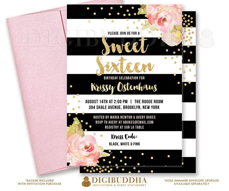 Hochzeit - SWEET SIXTEEN INVITATION Black & White Stripe Birthday Pink Peonies Gold Glitter Confetti Printable Invite Rose Free Shipping or DiY- Krissy
