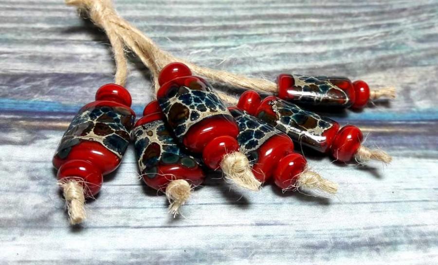 Mariage - Lampwork beads handmade Beads supplies jewelry Beads for jewelry making Set beads Beads SRA Beads bright red turquoise coffee brown silver.