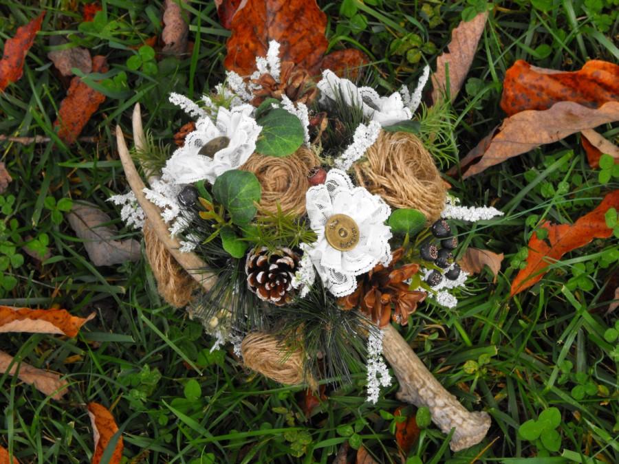 Hochzeit - Deer Antler Wedding bouquet and matching boutineer. Authentic antler and handmade burlap  and lace flowers with shotgun shell accents