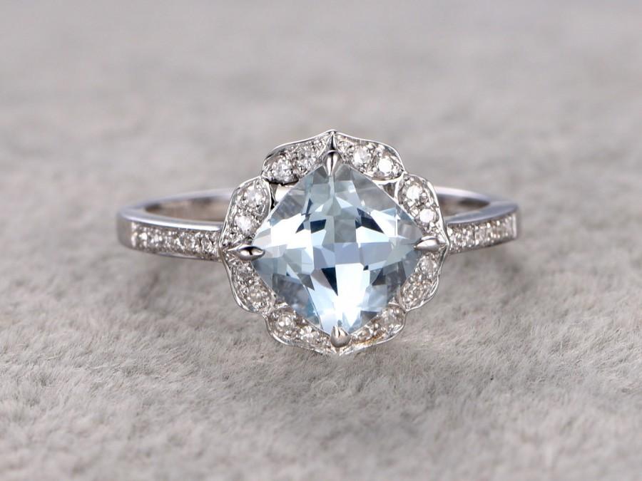 Mariage - 7mm Cushion Aquamarine Engagement ring White gold,Diamond wedding band,14k,Gemstone Promise Ring,Bridal Ring,Retro Vintage