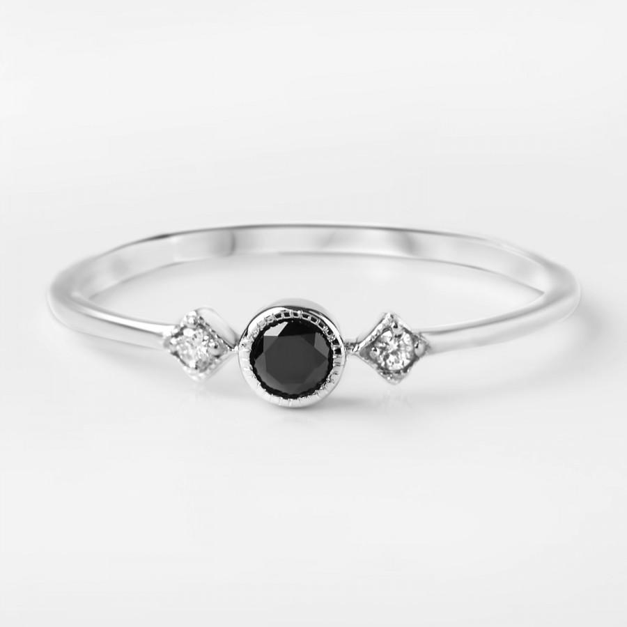 Свадьба - Black diamond engagement ring, 3mm conflict free diamond, three stone ring, 14k 18k gold, platinum, sta-r103-bdia
