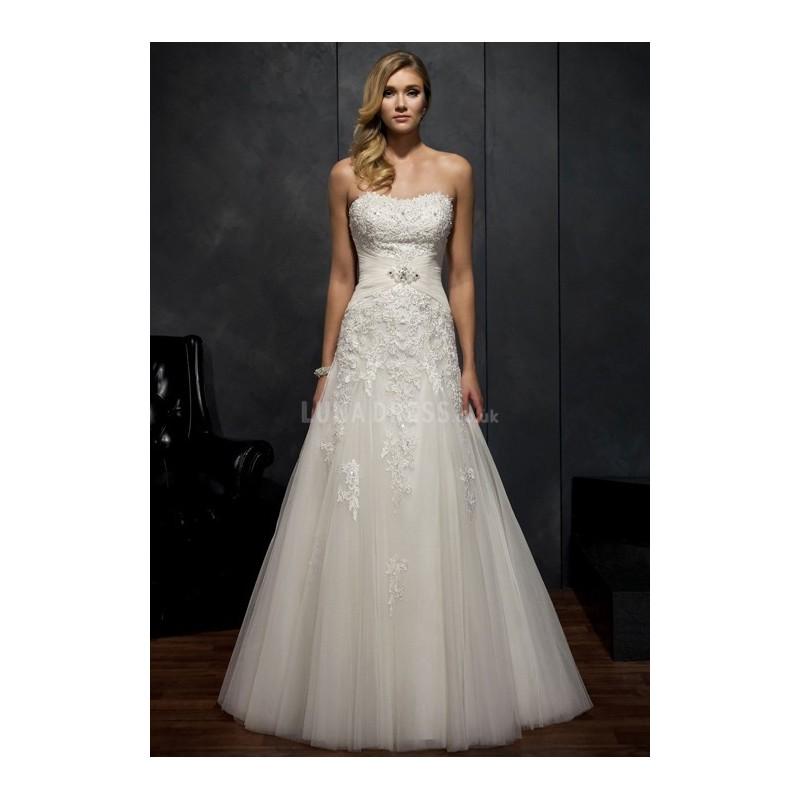 زفاف - Exquisite A line Strapless Lace & Tulle Floor Length Bridal Gown With Brooch - Compelling Wedding Dresses
