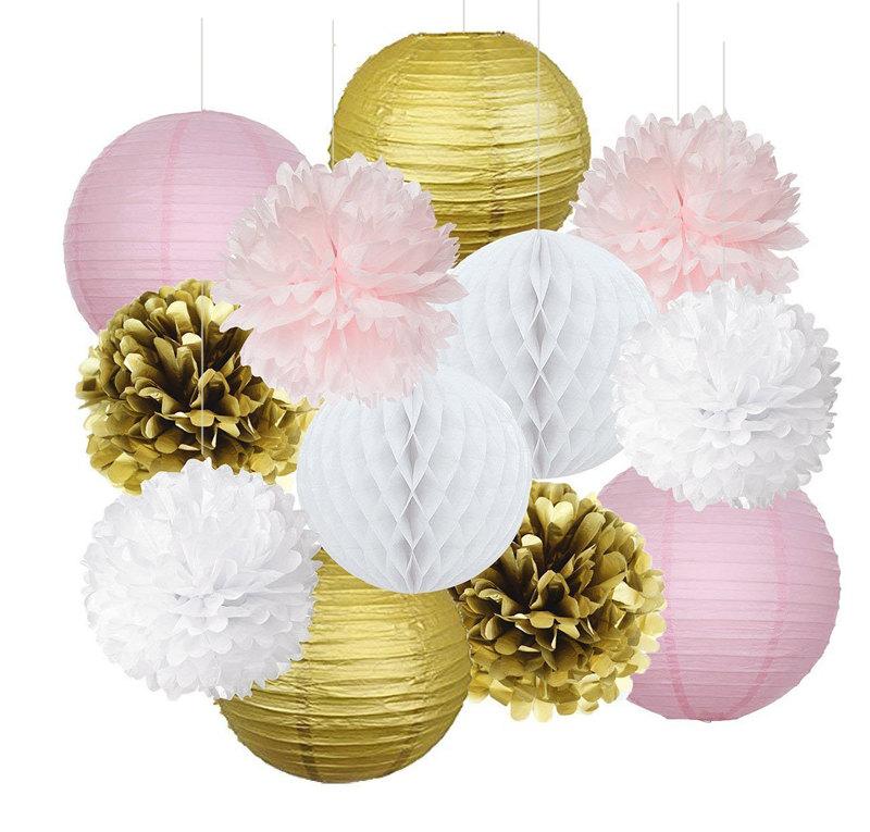 Hochzeit - Set of 12 Pink Gold Party Decoration Kit Tissue Paper Pom Pom Honeycomb Ball Paper Lantern Pink Girl Birthday Party Baby Shower Decoration