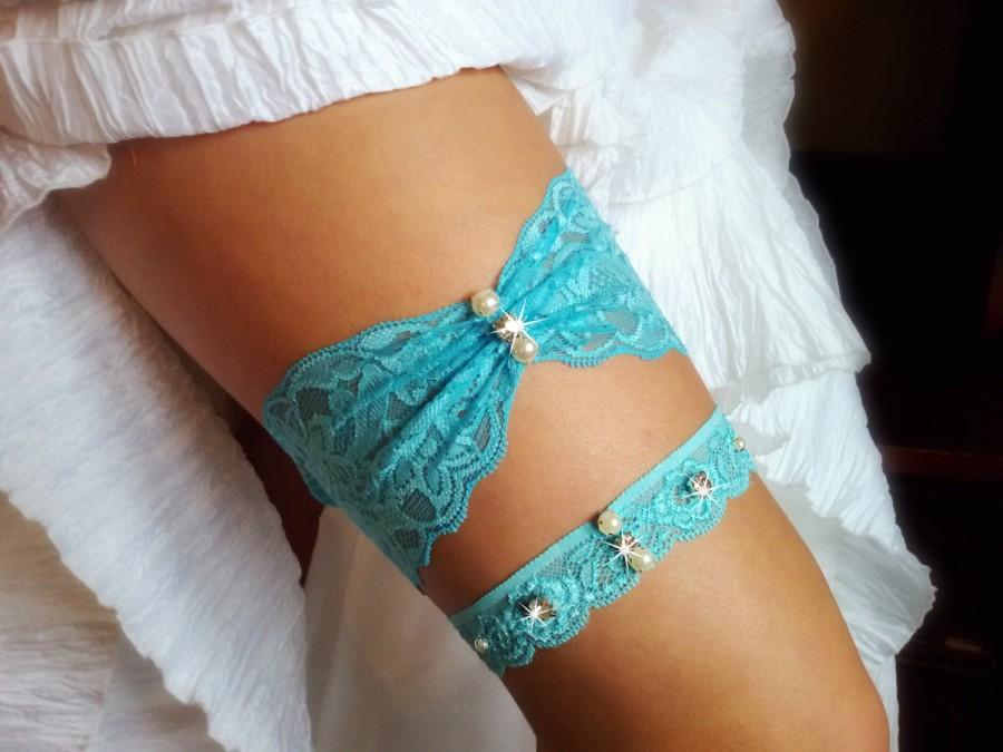 زفاف - Aqua wedding garter, blue garter, mint garter set, blush garter, crystal garter set, toss garter set, garter set,  something blue garter