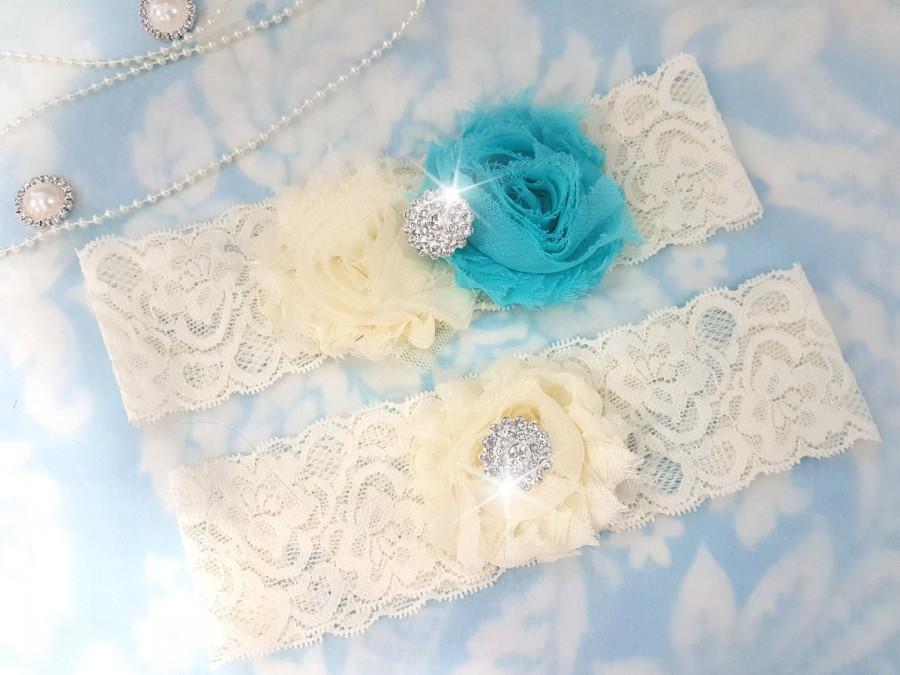 Hochzeit - Aqua and ivory Wedding Garter Set - Bridal Garter - Ivory Lace Garter - crystal garter set - blue Wedding Garter - aqua and ivory - crystal