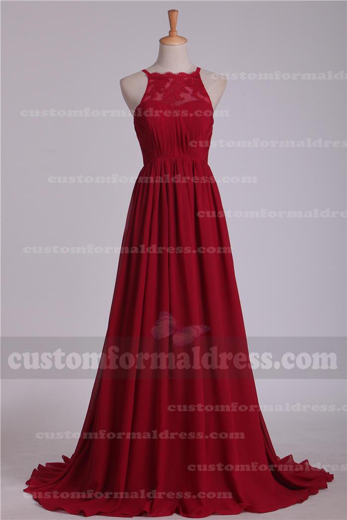 Mariage - Burgundy Lace Chiffon Bridesmaid Dresses Halter Neck Evening Dresses BRXF84