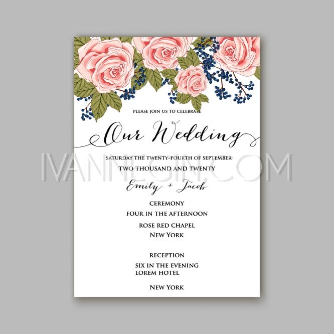 rose wedding invitation card printable template in watercolor style