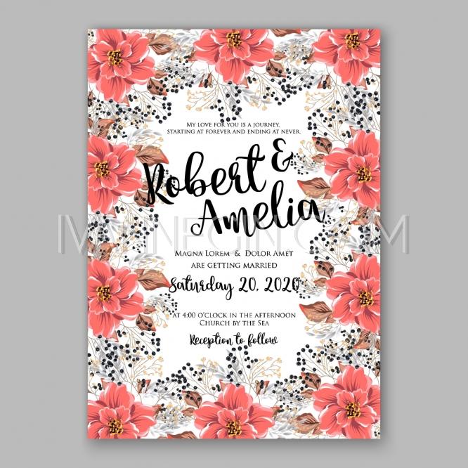 Свадьба - Wedding Invitation Floral Bridal Shower Invitation Wreath with pink flowers Anemone, Peony - Unique vector illustrations, christmas cards, wedding invitations, images and photos by Ivan Negin